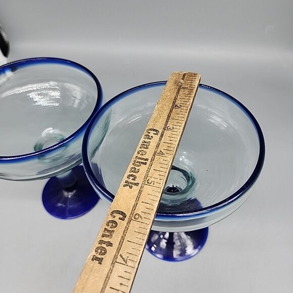 Set 2 Hand Blown Art COBALT BLUE RIM & BASE Margarita Glasses Mexico 6 1/2" Tall - Picture 4 of 4